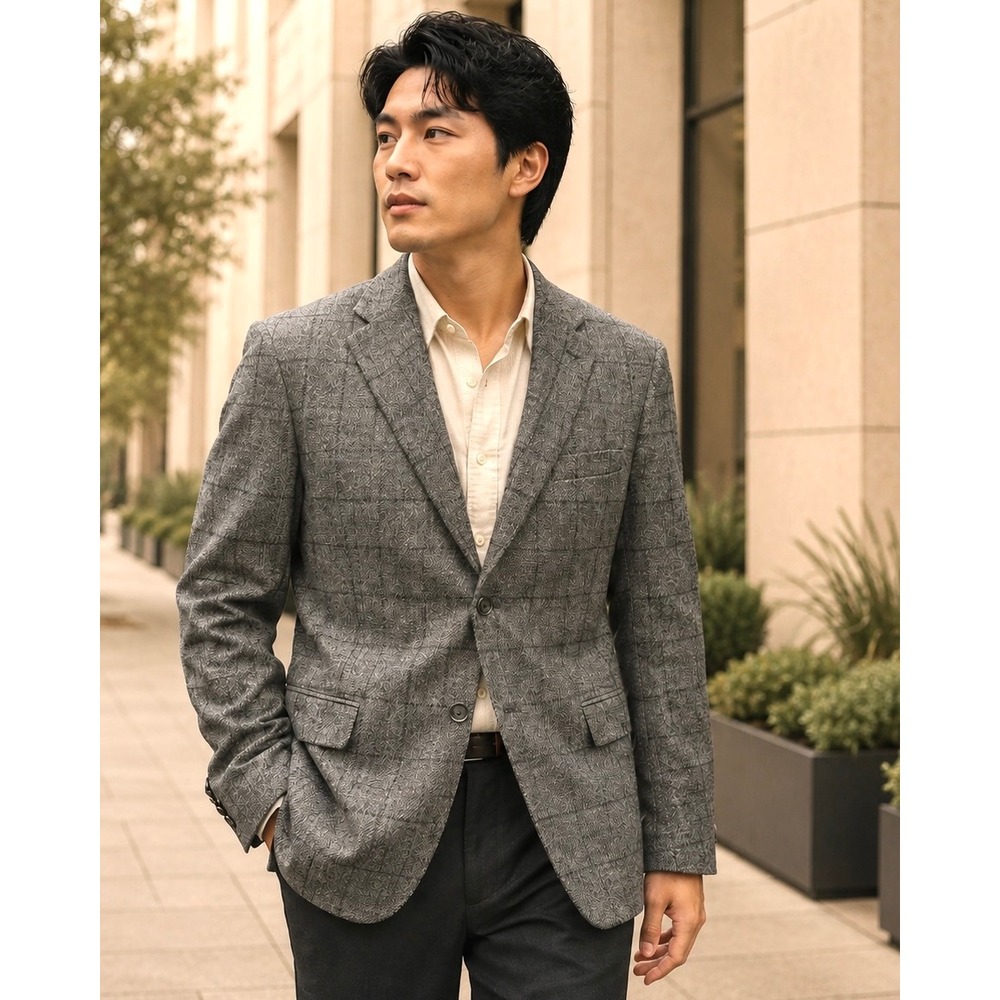 Jos A Bank 1905 Mens 44R Grey Windowpane 100% Wool Tailored Fit Blazer